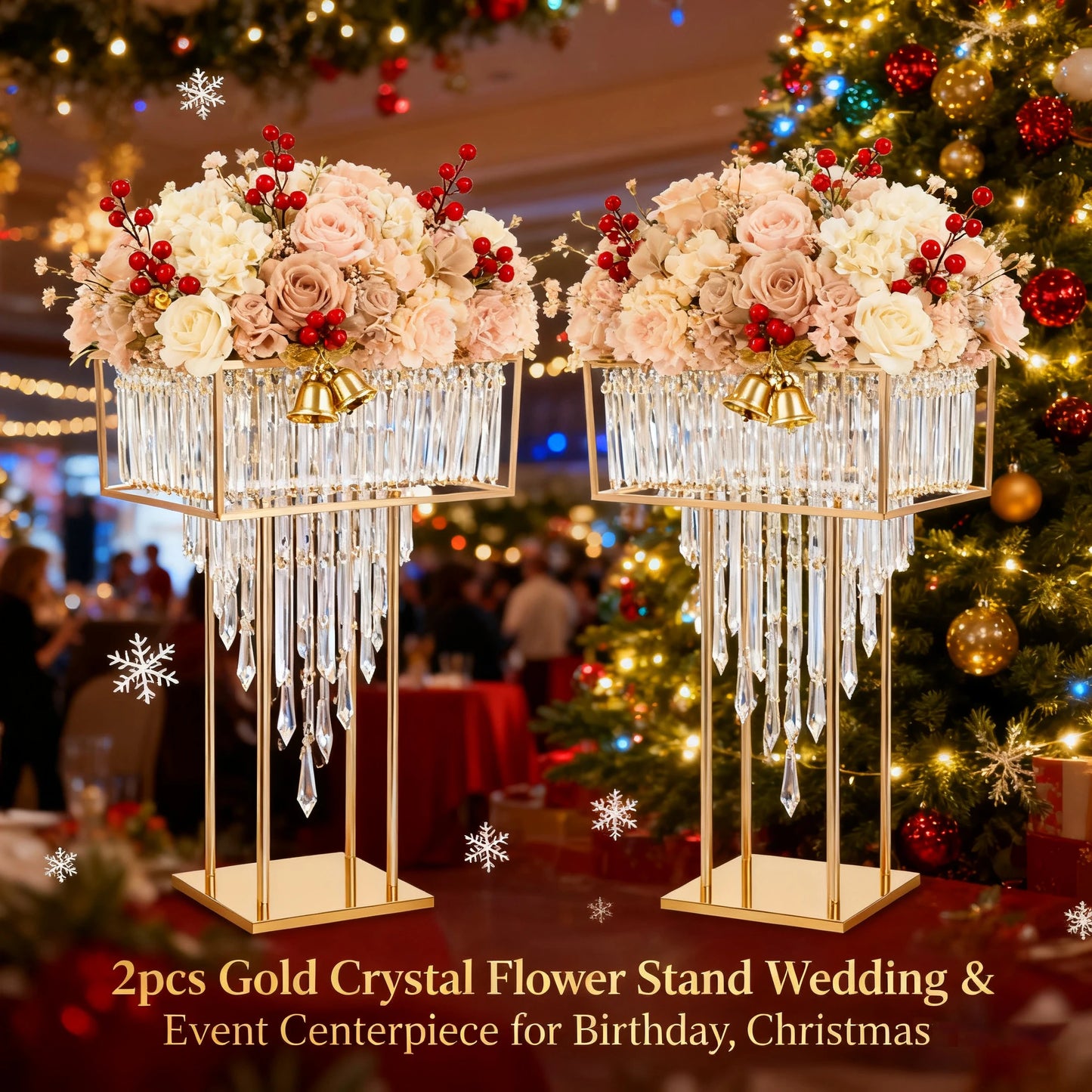 （Sold Out) 2pcs Tall Golden DIY Iron Frame Crystal Flower Stand for Wedding Centerpiece Luxury Event Sturdy Base Anti-tip Crystal Flower Display Rack Floor Tabletop Flower Holder Banquet Birthday Party Valentine's Day Flora