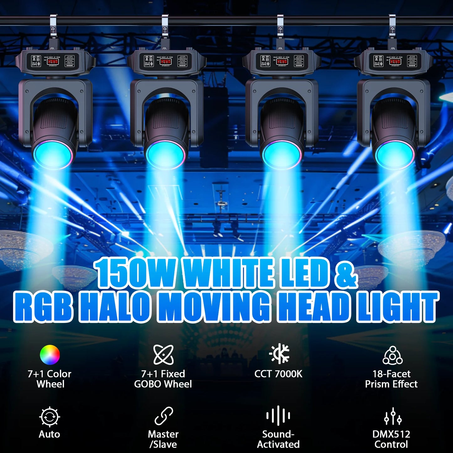 U'King 4Pcs 150W White LED Moving Head Light With RGB Strip 8Color&Gobo Wheel 18Prism DJ Light DMX512 For Wedding Party KTV Bar
