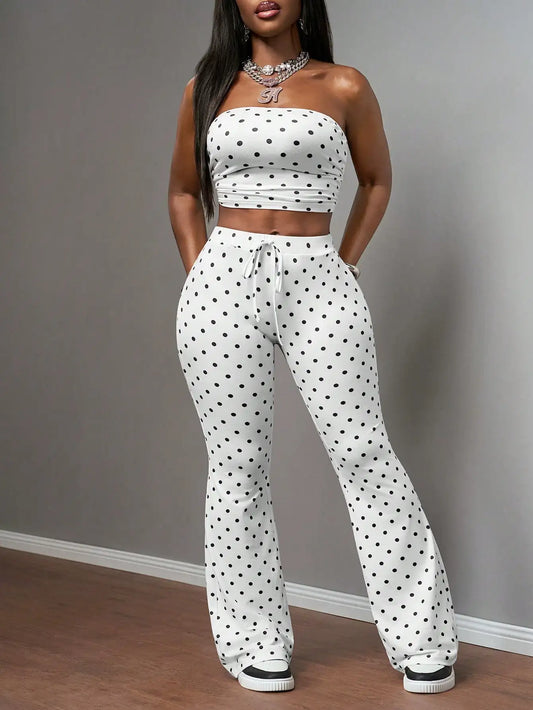 90s Retro White With Black Polka Dots Women Two Pieces Set Summer Vacation Bandeau Top and High Waisted Flared Pant Casual Outfits for Party Club Daily Wear