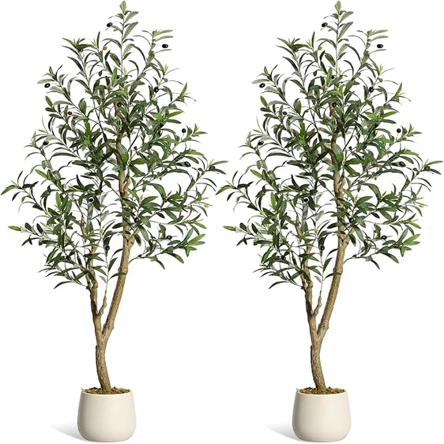 Olive Trees Artificial Indoor, 5-7ft Tall Faux Silk Plant - Fake Potted Tree with White Planter, Artificial Plants for Home Offi