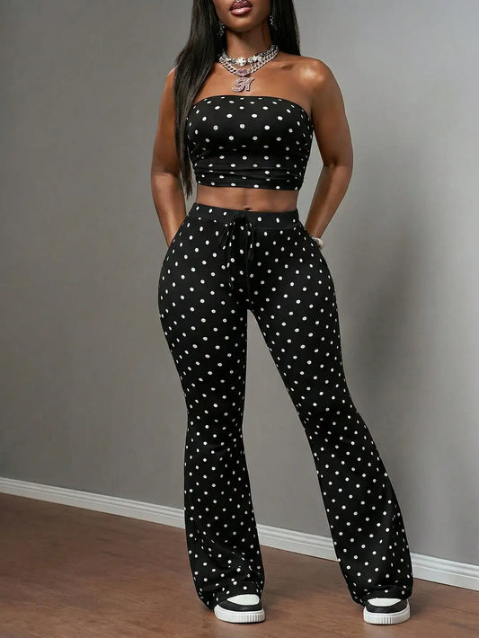 90s Retro White With Black Polka Dots Women Two Pieces Set Summer Vacation Bandeau Top and High Waisted Flared Pant Casual Outfits for Party Club Daily Wear