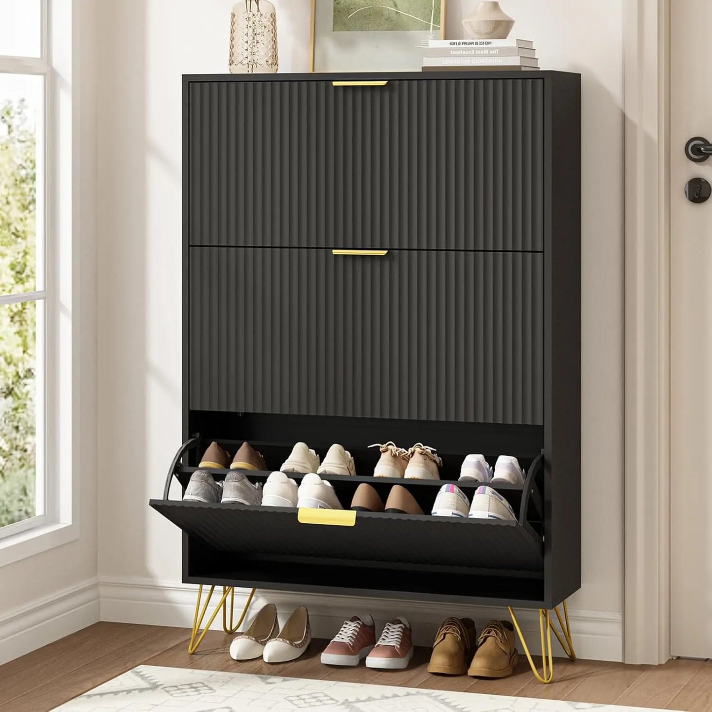 Shoe Cabinet With 3 Flip Drawers Slim Entryway Storage