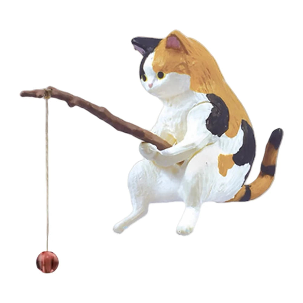 Cute Fishing Cat Figure Fish Landscaping Cartoon Cat Statue Sitting Fishing Little Cat Ornament Aquarium Decoration
