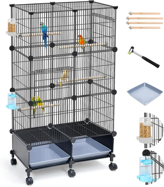 46-Inch Spacious Bird Cage with Wooden Perches, Slide-Out Tray, Water Bottle & Feeder for Parrots and Small Birds
