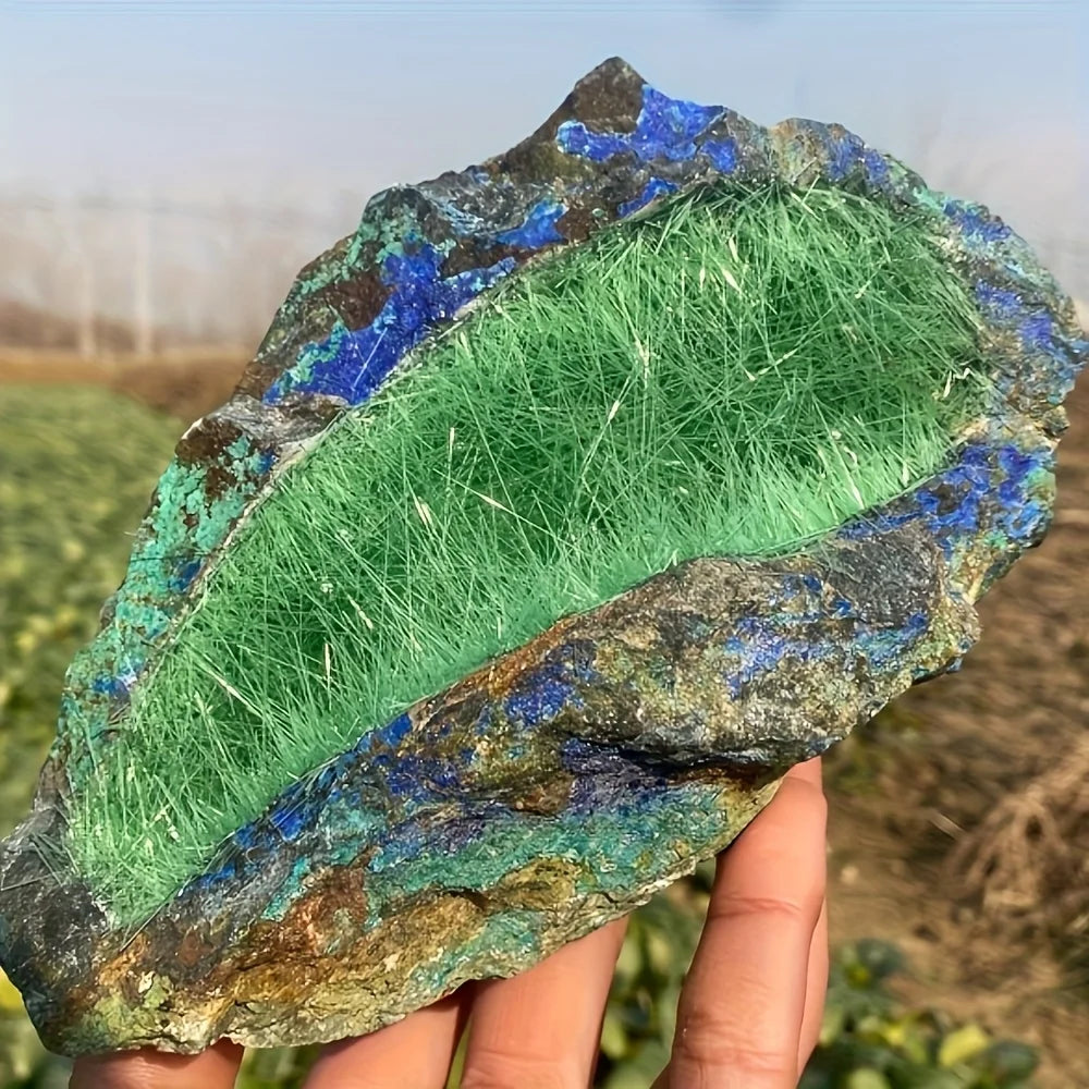 Green Needle Quartz Azurite Specimen Bright Burrs Irregular Semi Precious Natural Rocks Stones Home Office Decoration