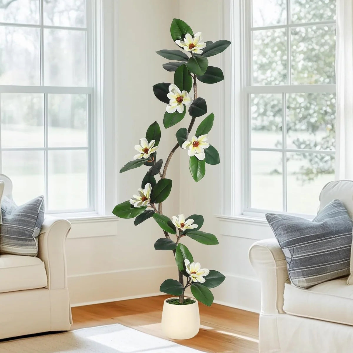5/6/7 FT Artificial Tree in Planter Pot,Faux Plants Indoor Faux Floor Plant Artificial Plants with Magnolia Flowers for Home