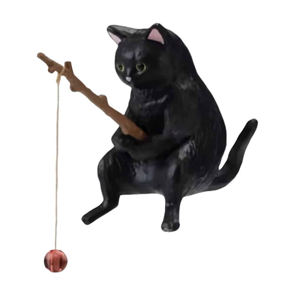 Cute Fishing Cat Figure Fish Landscaping Cartoon Cat Statue Sitting Fishing Little Cat Ornament Aquarium Decoration