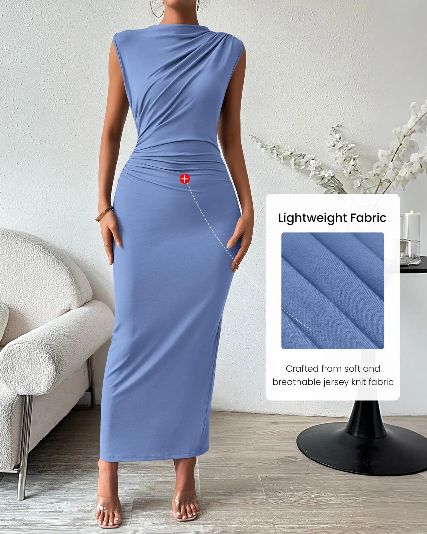 Women Ruched Sleeveless Bodycon Maxi Dress Summer Casual Elegant Cocktail Guest