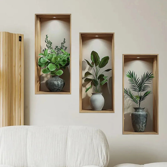 Tropical Jungle Theme Wall Decal Set with 3D Potted Plants Green Palm Leaves and Devil s Ivy for Home or Office Decor