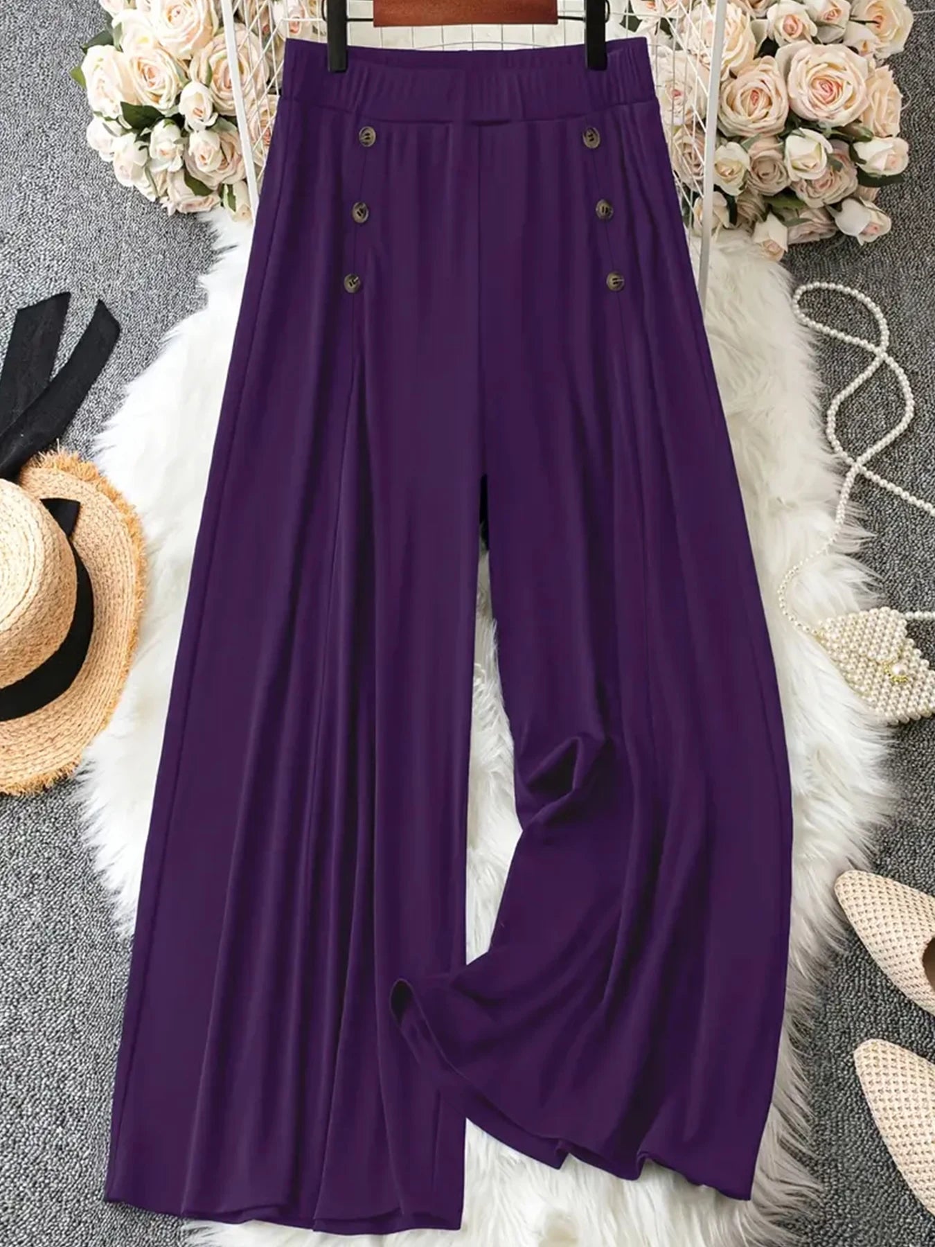 Wide Leg Pants Loose Daily Fashion Solid Color Decorative Button High Waist All Season Women Casual Trousers