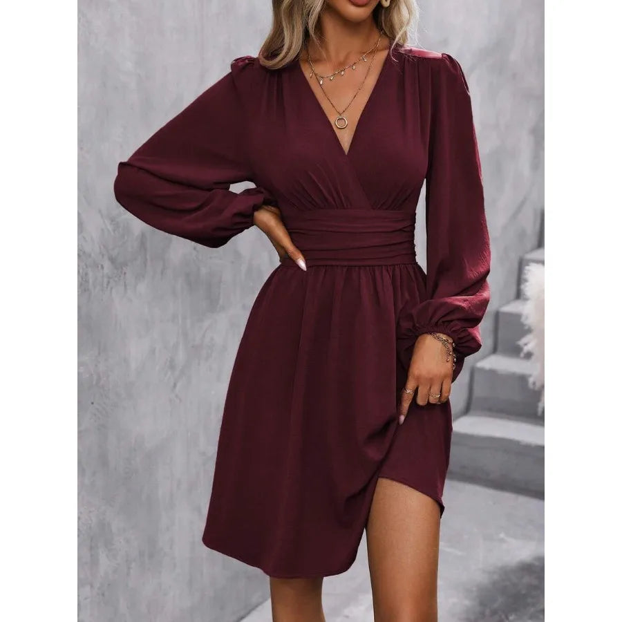 Surplice Neck Lantern Sleeve Ruched Waist Dress Fall Cloth For Women summer Dress