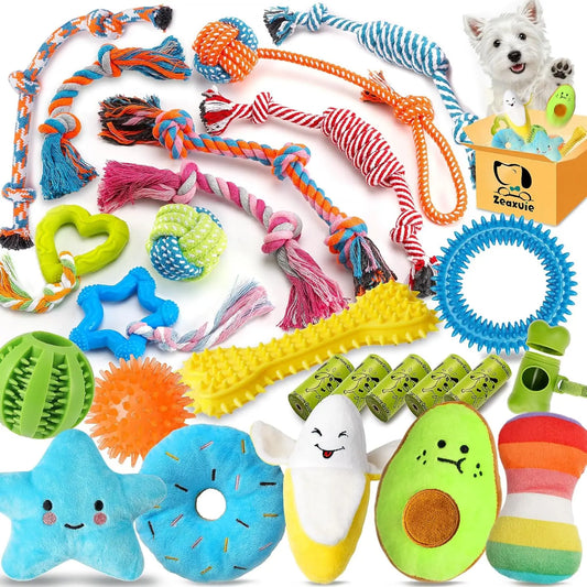 25 Pack Luxury Dog Chew Toys for Puppy, Dog Toys with Ropes, Treat Ball and Squeaky Puppy Toys for Teething Small Dogs