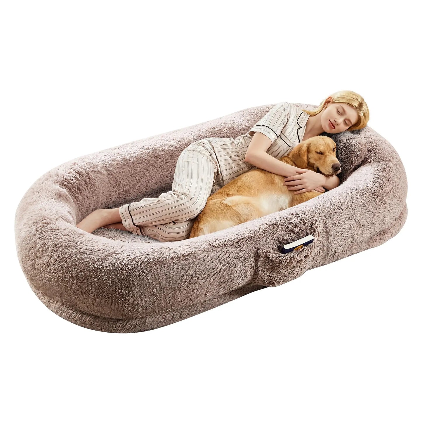 HiMISSCN Giant Orthopedic Faux Fur Human And Pet Dog Bed With Side Pocket