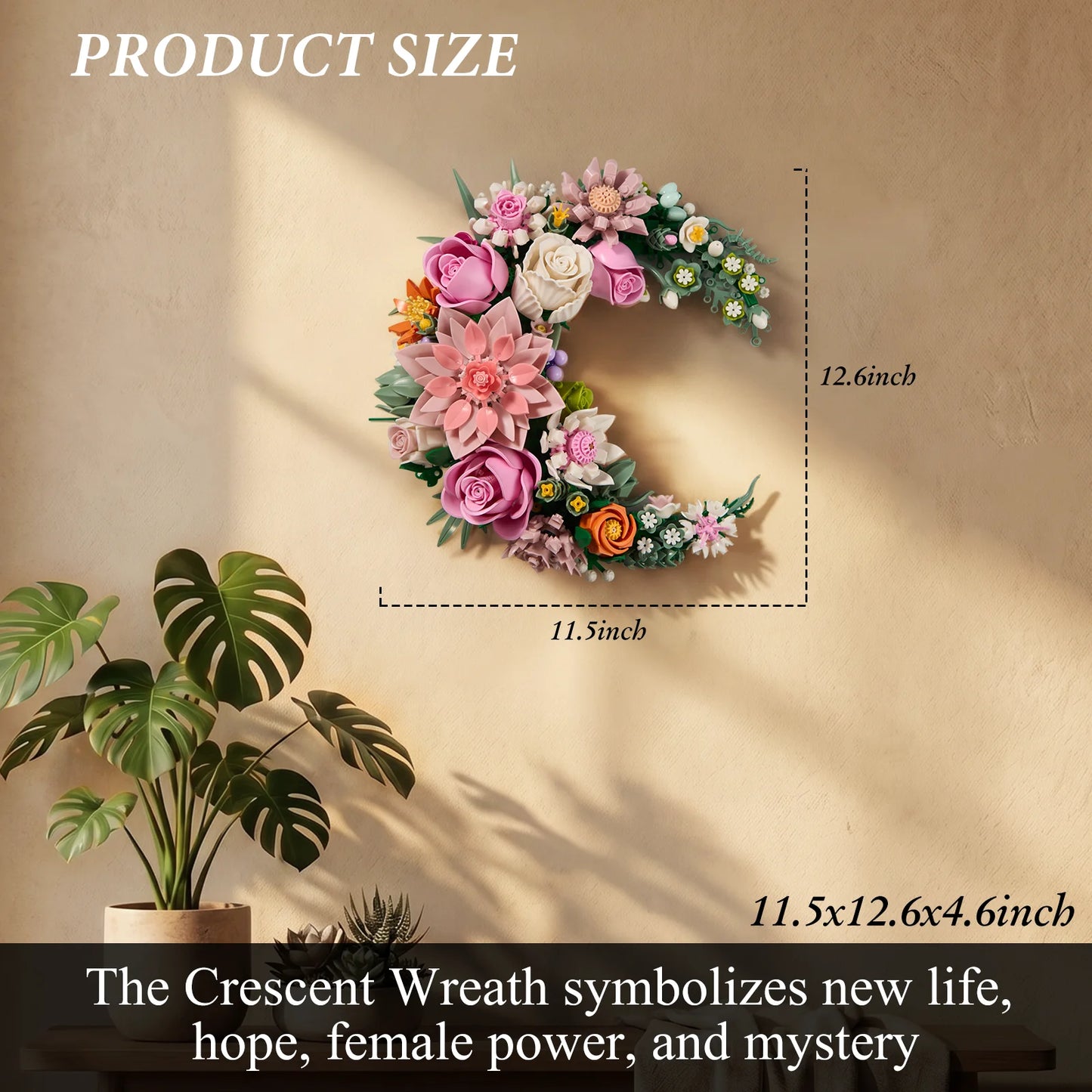 Crescent Floral Moon Building Blocks Set Artificial Botanical Flower Home Wall Room Decoration Office Decor Collection Gifts for Adults Women