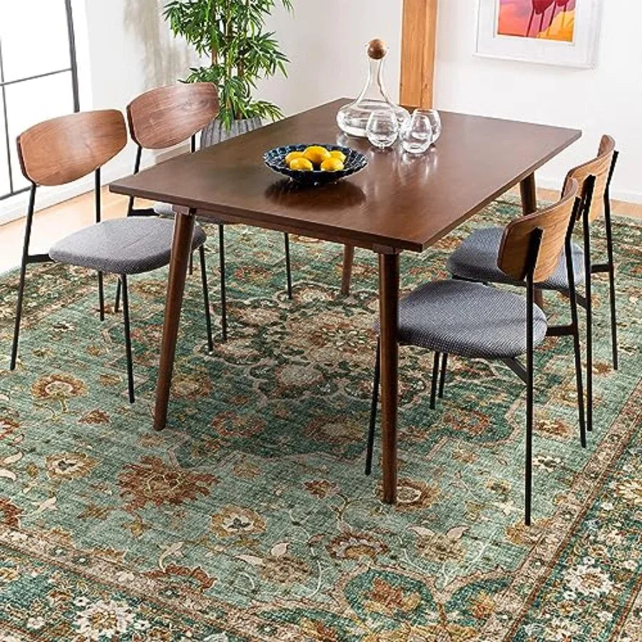 Washable Oriental area rug for living room and bedroom use, green cotton-blend with floral distressed pattern, waterproof, stai