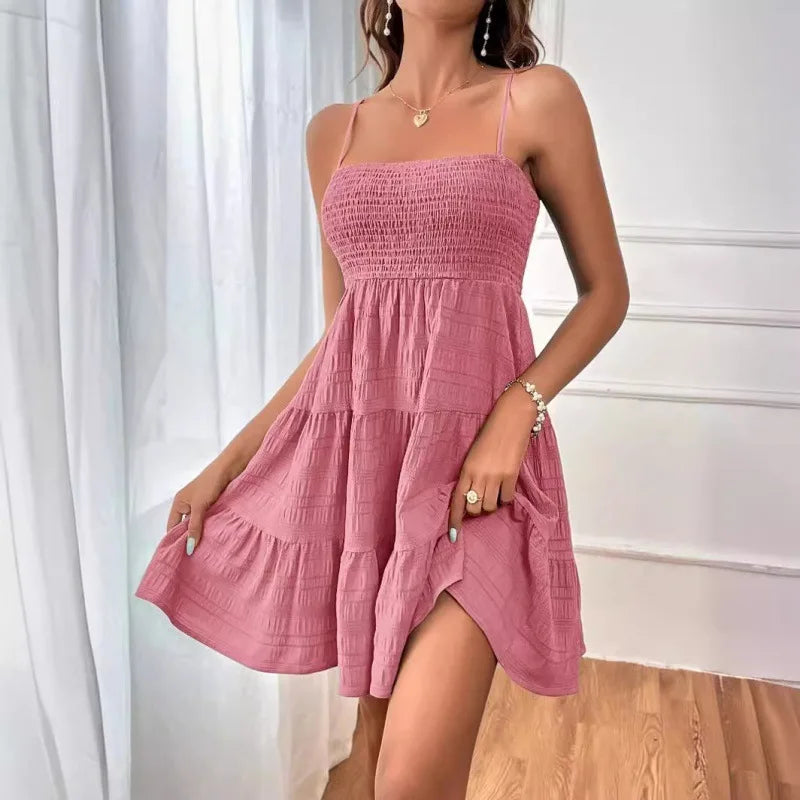 Tiered Swing Mini Dress Casual Floral Women Dress Spaghetti Strap Smocked Bust Ruffled Hem Beach Summer Vacation Outfit