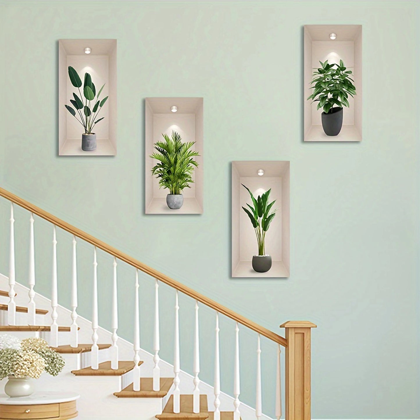 Tropical Jungle Theme Wall Decal Set with 3D Potted Plants Green Palm Leaves and Devil s Ivy for Home or Office Decor