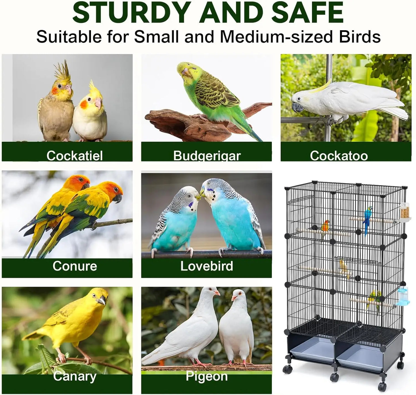 46-Inch Spacious Bird Cage with Wooden Perches, Slide-Out Tray, Water Bottle & Feeder for Parrots and Small Birds