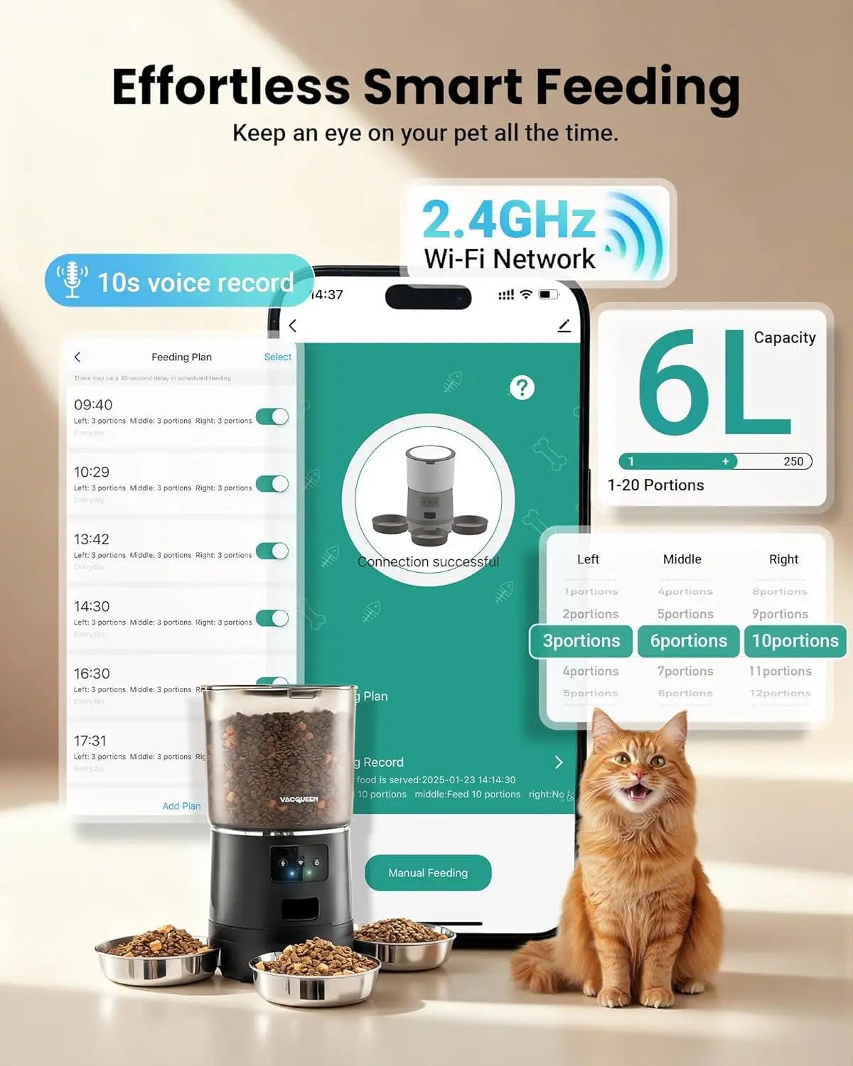 Smart WiFi Pet Feeder for 3 Cats, 6L Anti-Jam Food Dispenser with Desiccant, Automatic Dog Feeder Christmas Gift