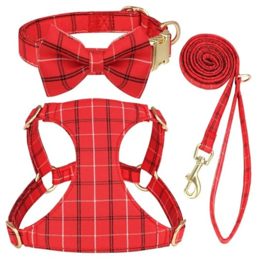 Extra Small Dog Harness Collar and Leash Set with Bowtie, Soft Adjustable Plaid Polyester Harness for Small Dogs and Cats, Red/