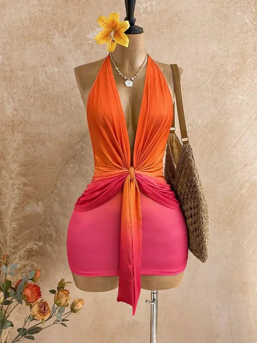 Womens Ombre Gradient Deep V-Neck Halter Mini Dress Beach Club Outfit Summer