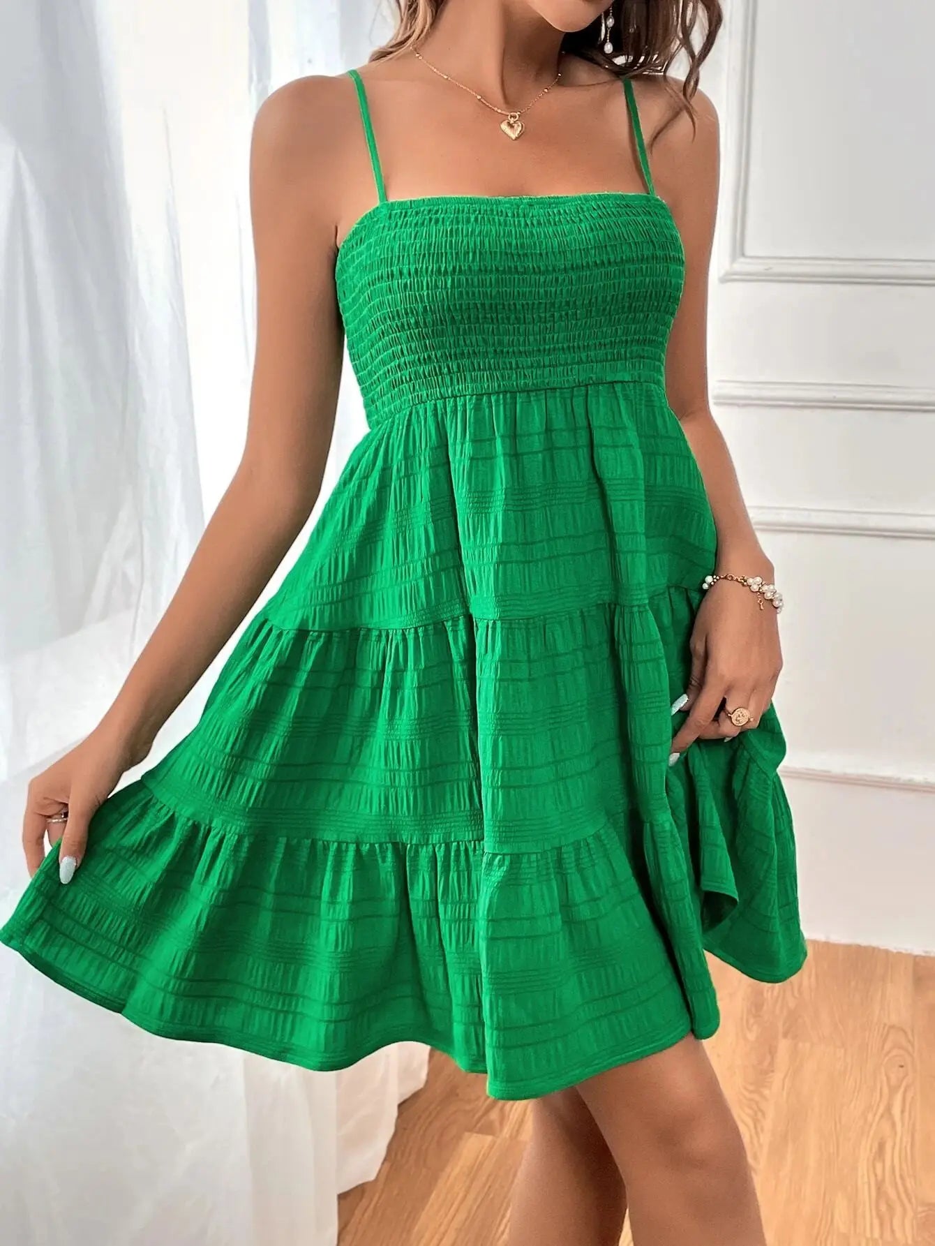 Tiered Swing Mini Dress Casual Floral Women Dress Spaghetti Strap Smocked Bust Ruffled Hem Beach Summer Vacation Outfit