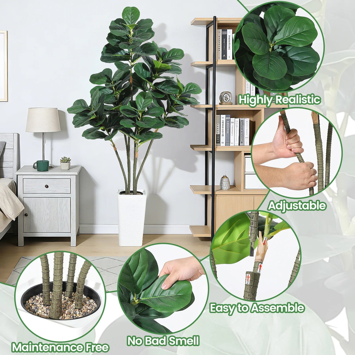 Artificial Fiddle Leaf Tree,Faux Plant Fake Ficus Lyrata Silk Trees with White Planter,Artificial Fig Trees Floor Plants