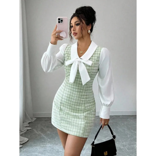 Contrast Color Patchwork Bow Decor 2 In 1 Elegant Romantic Women Dress Fall Cloth For Women