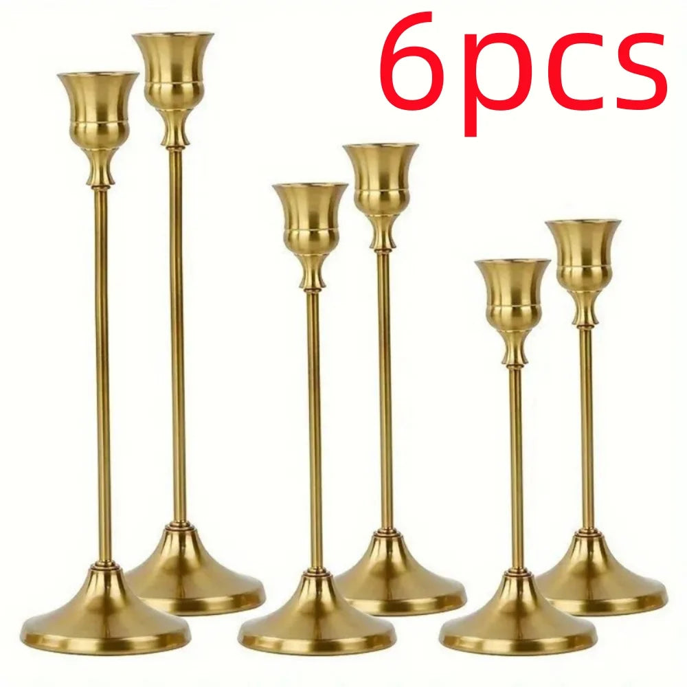 6pcs/Set Romantic Candlestick Gold Metal Taper Candle Holders European Elegant Home Decorate Holder for Room Wedding Decoration