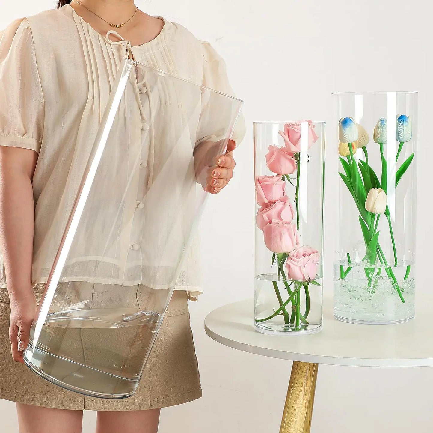 Extra Large Clear Acrylic Cylinder Vase, 20 in Tall Unbreakable Hurricane Flower Vases for Home Decor (3 Sizes + Holder)