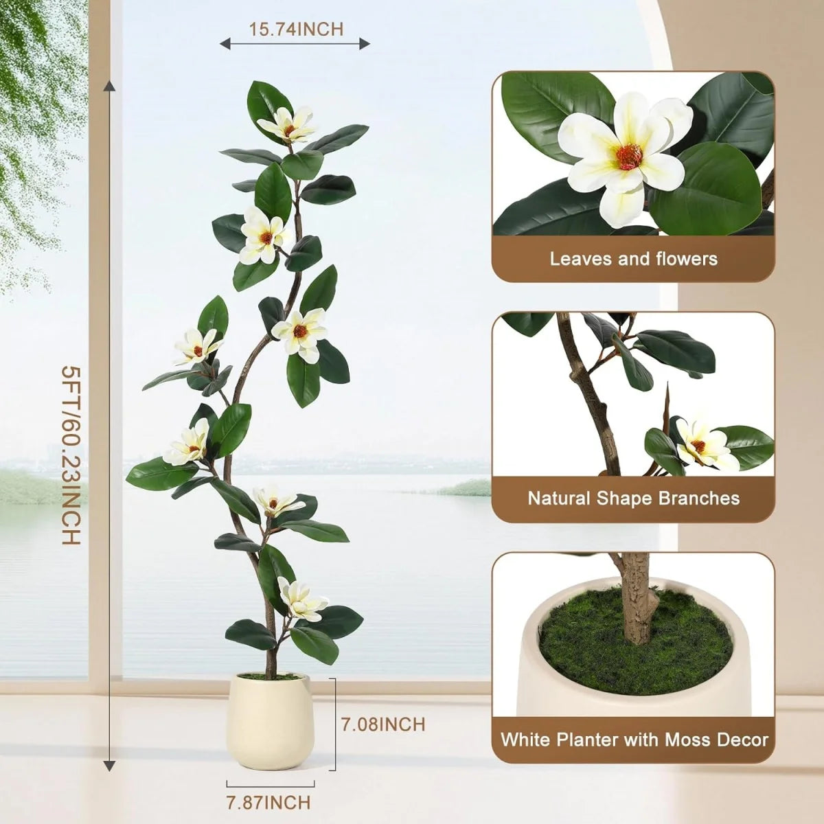 5/6/7 FT Artificial Tree in Planter Pot,Faux Plants Indoor Faux Floor Plant Artificial Plants with Magnolia Flowers for Home