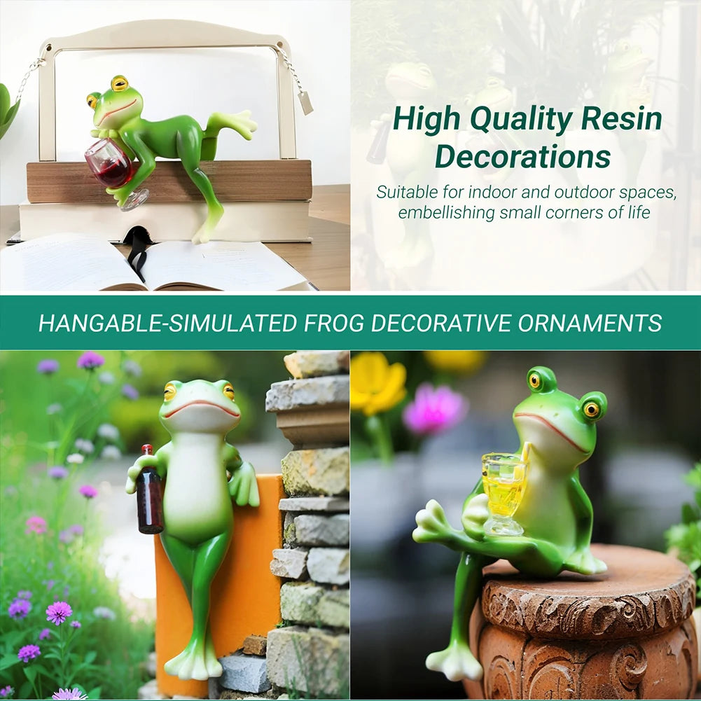 Funny Drinking Frog Statue Flower Pot Hugger Resin Hanging Frog Figurine Planter Hugger Plant Decorations for Pots