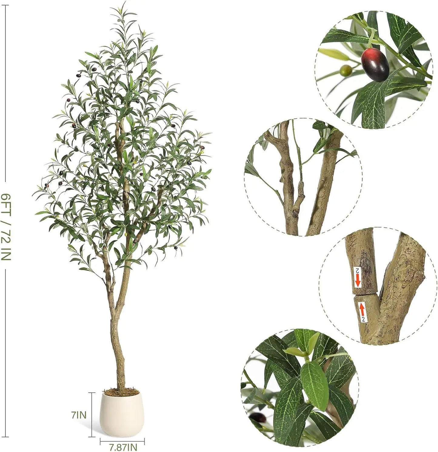 Olive Trees Artificial Indoor, 5-7ft Tall Faux Silk Plant - Fake Potted Tree with White Planter, Artificial Plants for Home Offi