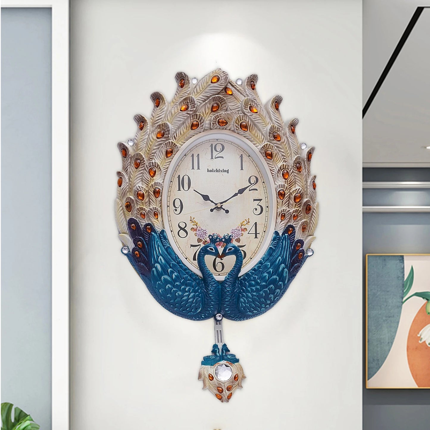 Blue Peacock Wall Clock,Silent Wall-mounted Metal Pendulum Clock 37*60cm with Luxury Crystal for Living Room,Hallways