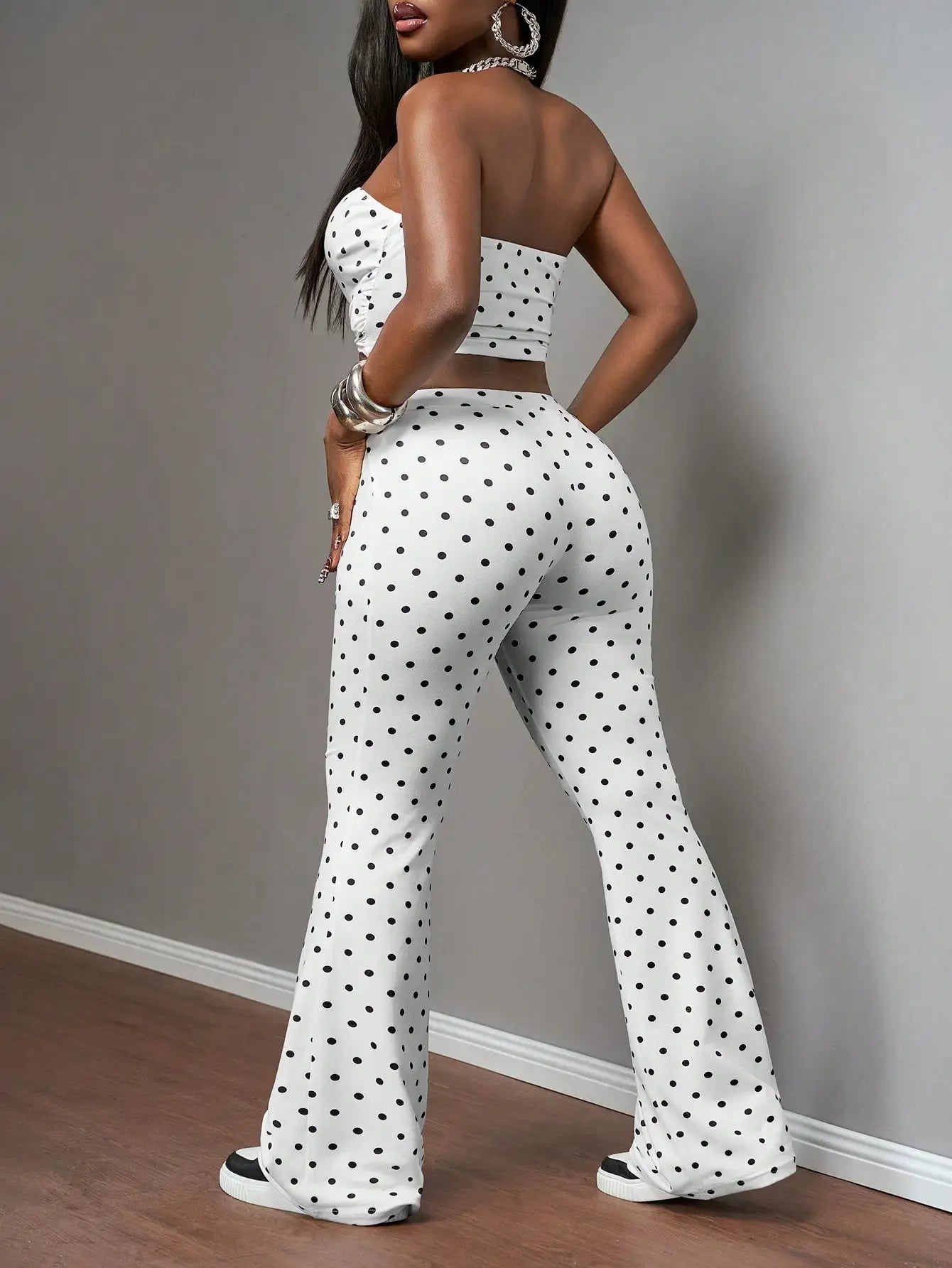 90s Retro White With Black Polka Dots Women Two Pieces Set Summer Vacation Bandeau Top and High Waisted Flared Pant Casual Outfits for Party Club Daily Wear