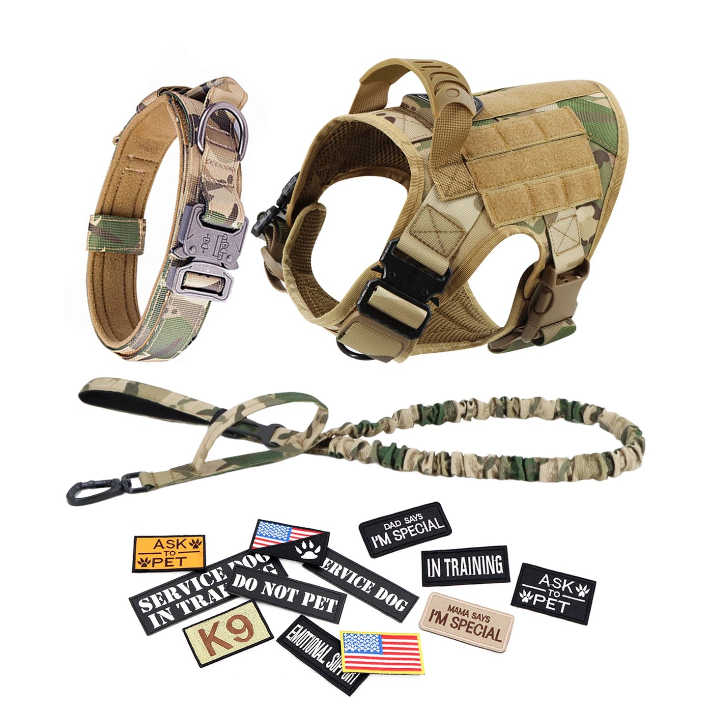 Dog Harness Leash Collar Patches Set for Medium Large Dogs Military Pet Vest Adjustable Tactical Dog Harnesses Training Walking
