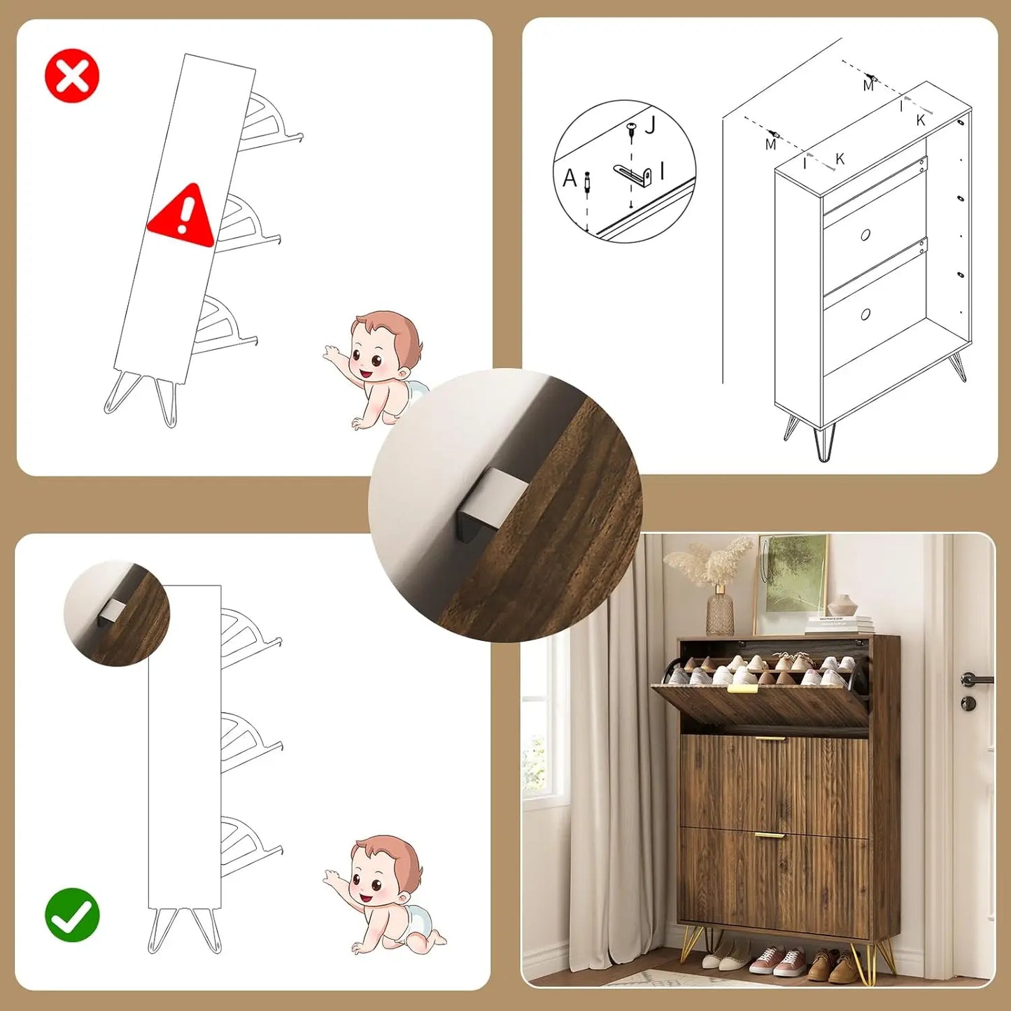 Shoe Cabinet With 3 Flip Drawers Slim Entryway Storage