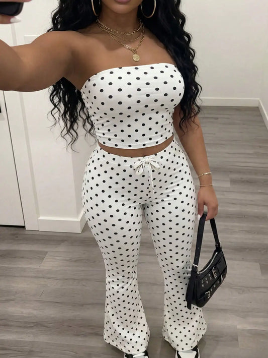 90s Retro White With Black Polka Dots Women Two Pieces Set Summer Vacation Bandeau Top and High Waisted Flared Pant Casual Outfits for Party Club Daily Wear