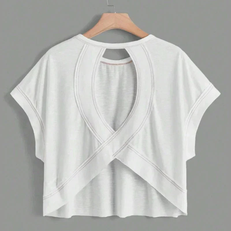 2024 New White Short Sleeve Loose Tees Women's Solid Color Round Neck Summer Y2k Sexy Backless Korean Fashion Clothes T-shirt