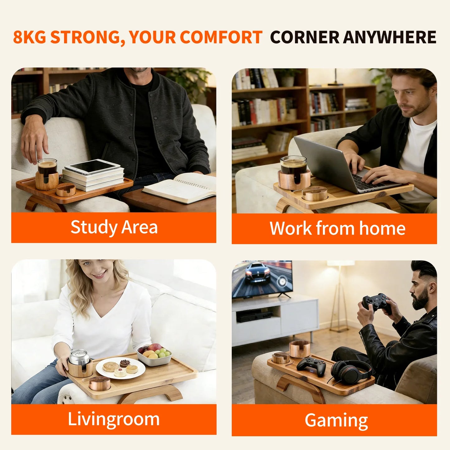 JHK Foldable 3 In 1 Clip Sofa Armrest Tray with 360° Rotating Phone Holde Couch Cup Holder Tray Anti-Slip Couch Arm Table for Drink Snacks
