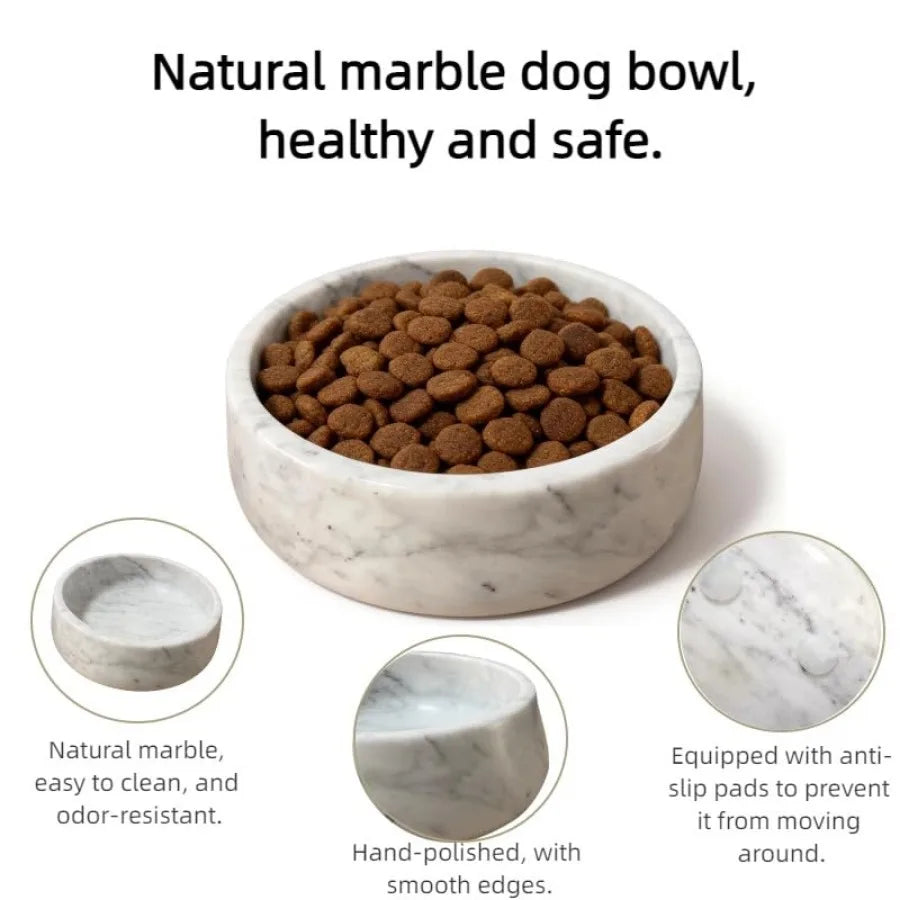 Dog Bowl Natural Carrara Marble Dog Dish Heavy Duty Pet Food and Water Bowl for Dogs and Cats Non-Slip Stone Pet Dish Tip-Proof