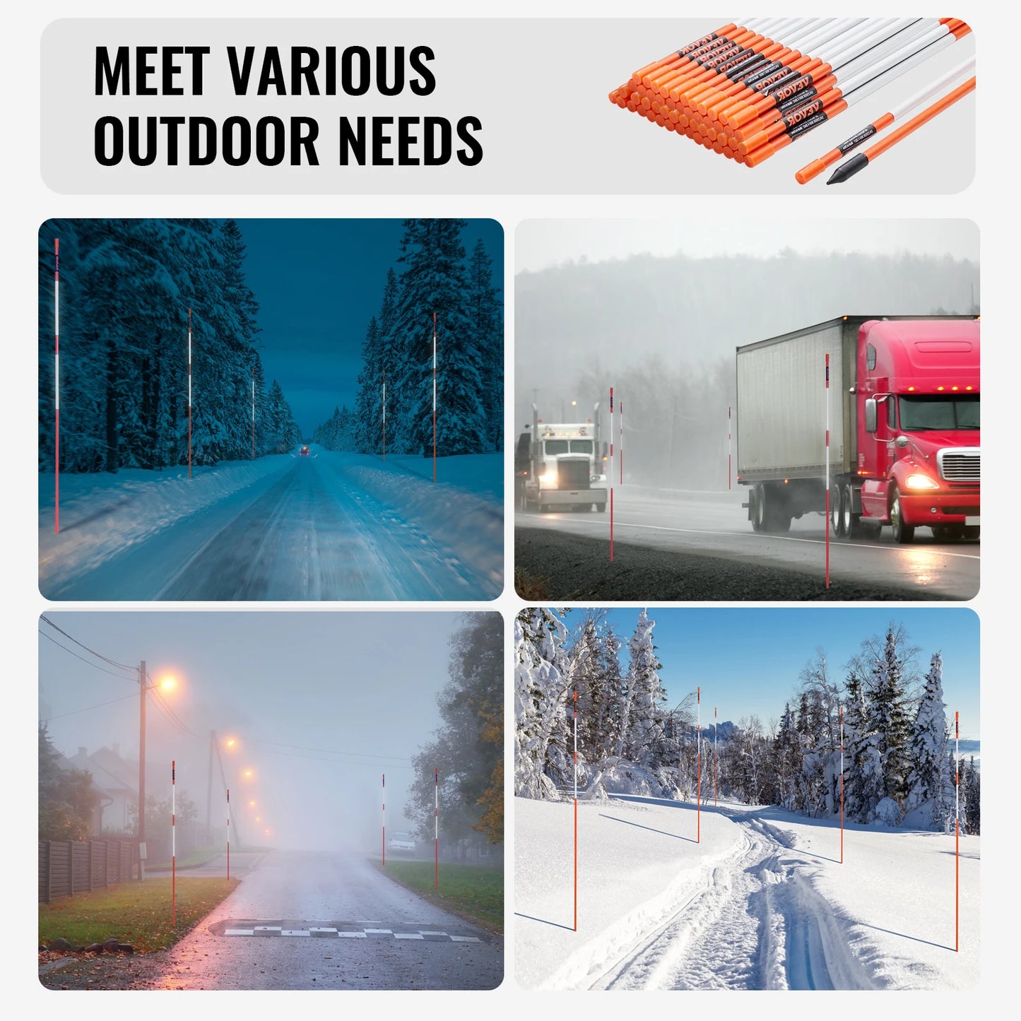 SucceBuy Driveway Markers 48 inch 0.4 inch Diameter Fiberglass Poles Snow Stakes For Parking Lots Walkways Easy Visibility