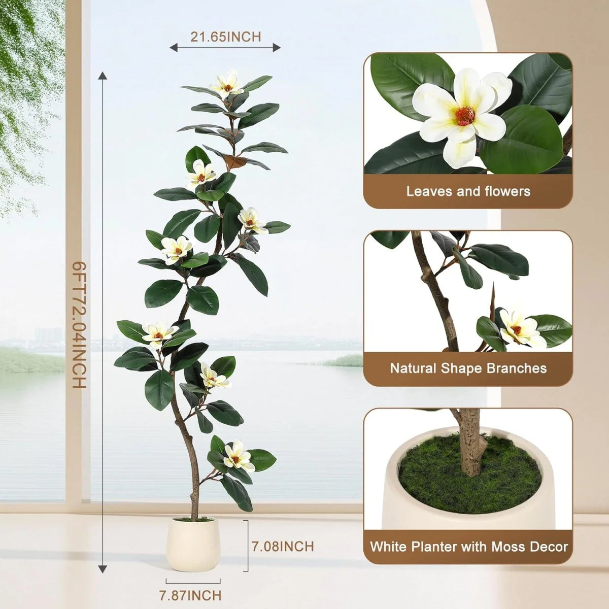 5/6/7 FT Artificial Tree in Planter Pot,Faux Plants Indoor Faux Floor Plant Artificial Plants with Magnolia Flowers for Home