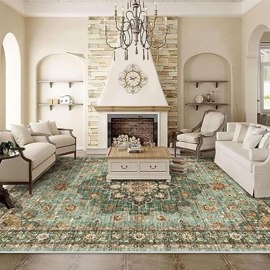 Washable Oriental area rug for living room and bedroom use, green cotton-blend with floral distressed pattern, waterproof, stai