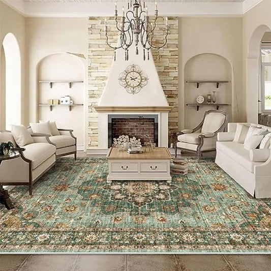 Washable Oriental area rug for living room and bedroom use, green cotton-blend with floral distressed pattern, waterproof, stai