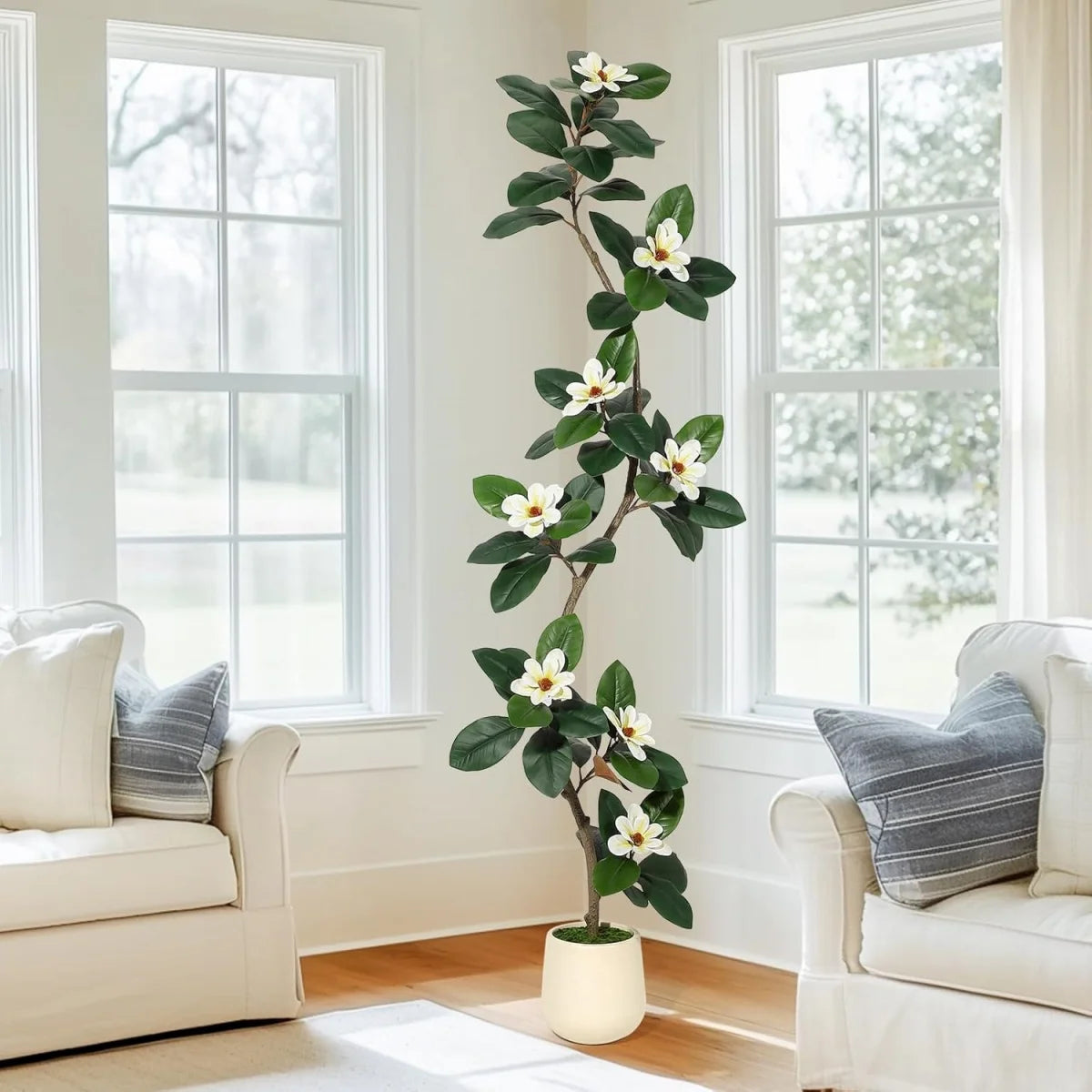 5/6/7 FT Artificial Tree in Planter Pot,Faux Plants Indoor Faux Floor Plant Artificial Plants with Magnolia Flowers for Home