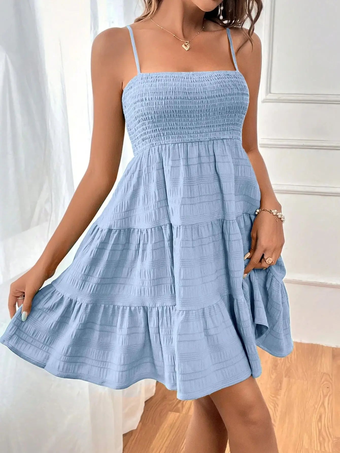 Tiered Swing Mini Dress Casual Floral Women Dress Spaghetti Strap Smocked Bust Ruffled Hem Beach Summer Vacation Outfit