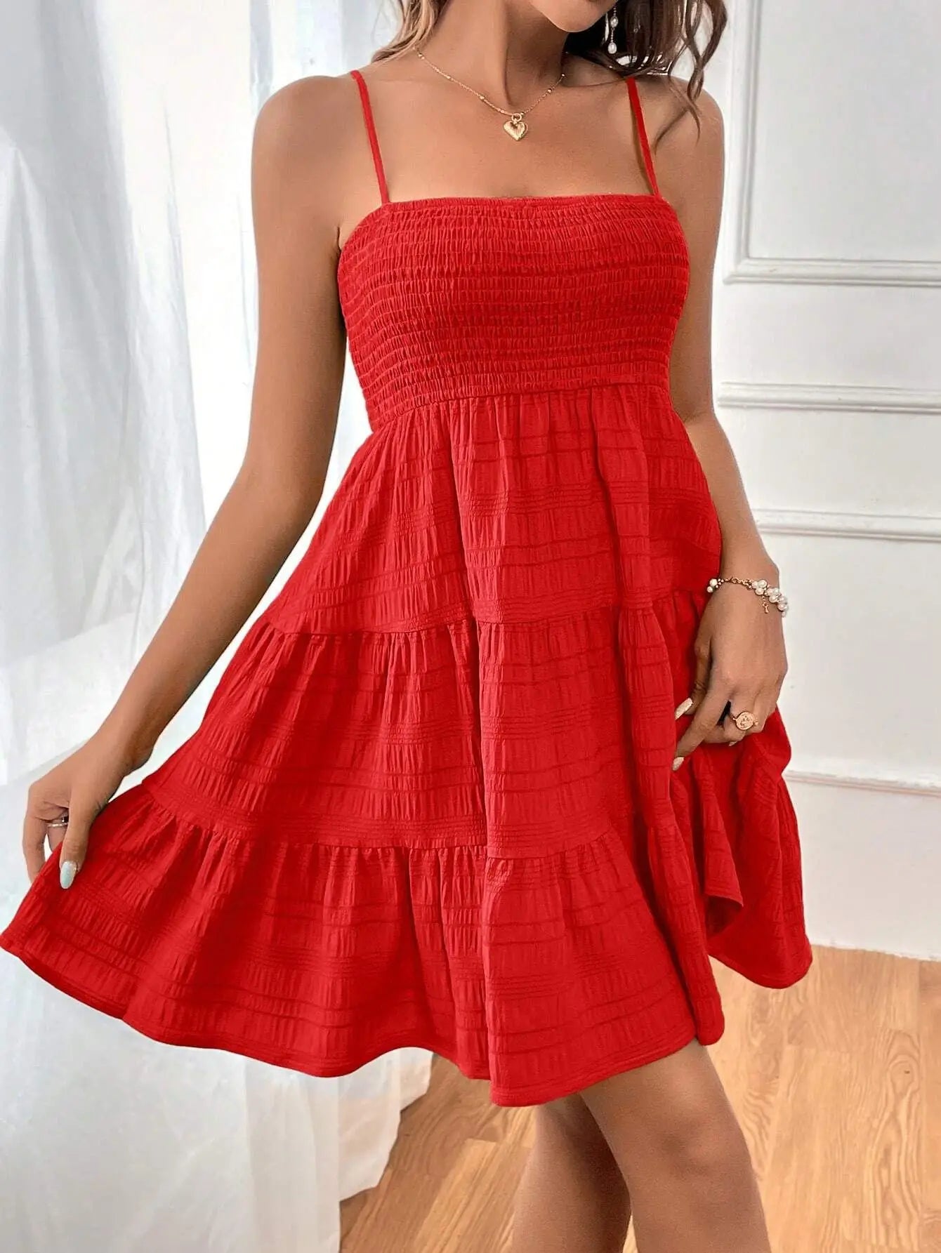 Tiered Swing Mini Dress Casual Floral Women Dress Spaghetti Strap Smocked Bust Ruffled Hem Beach Summer Vacation Outfit