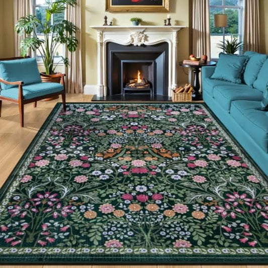 Living room 8x10 area rug: floral washable vintage large soft boho non-slip indoor carpet in dark green, stain resistant for be