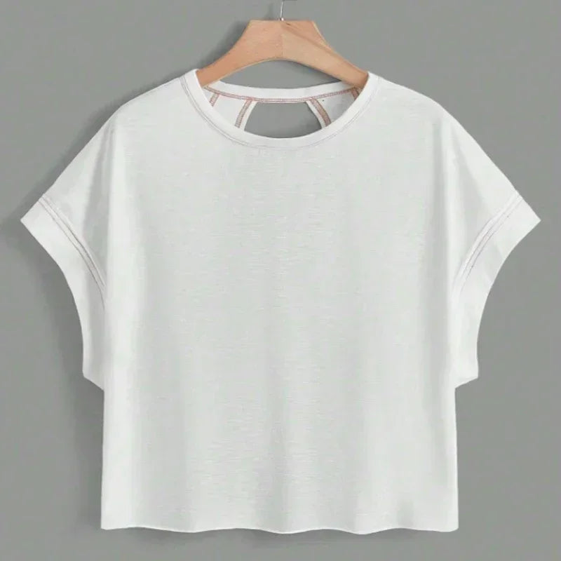 2024 New White Short Sleeve Loose Tees Women's Solid Color Round Neck Summer Y2k Sexy Backless Korean Fashion Clothes T-shirt